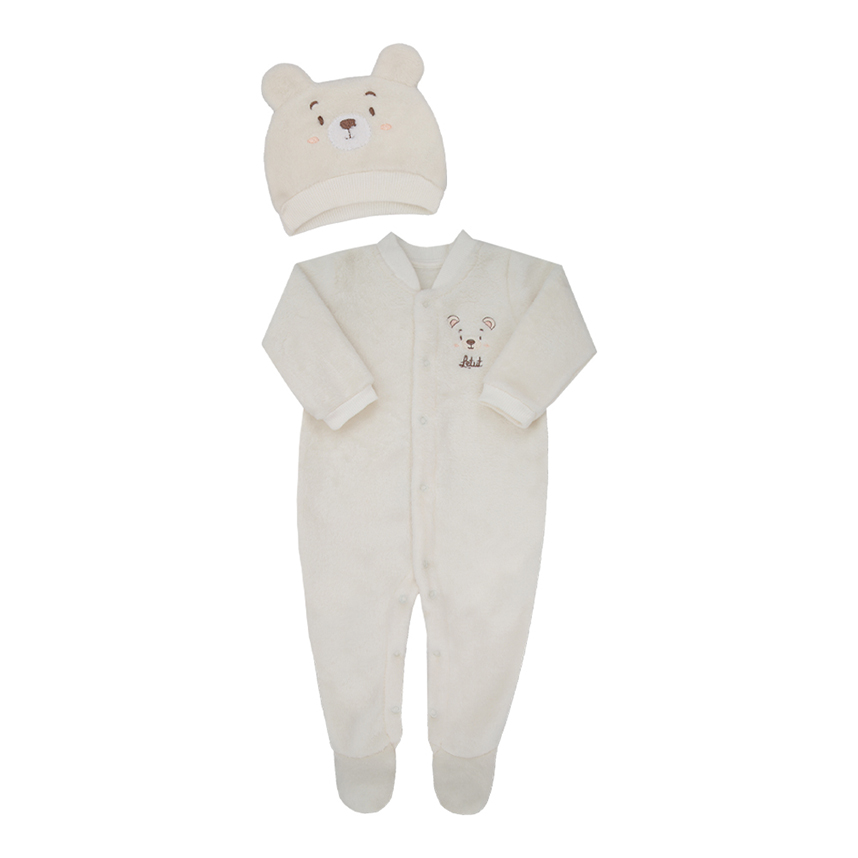 Macacão Longo Pêlo Bebê Letut Bordado Urso e Touca