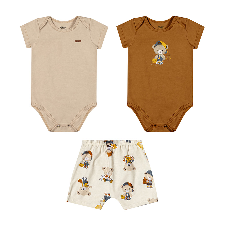 Conjunto Bebê Elian Body Estampa Urso E Bermuda 3 Peças