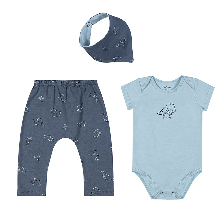 Conjunto Bebê Elian Body, Calça Saruel e Babador Estampado