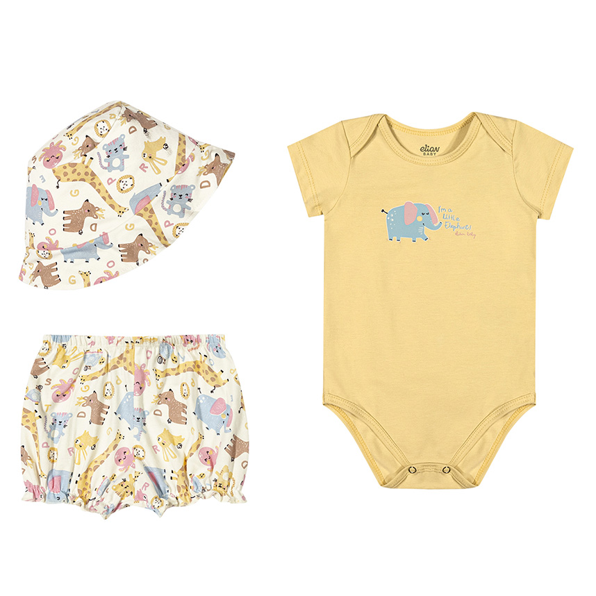 Conjunto Bebê Elian Body, Chapéu e Short 3 Peças
