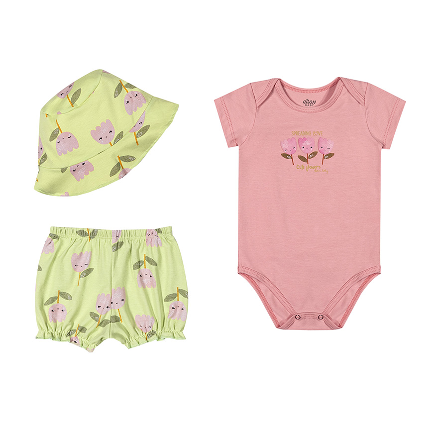 Conjunto Bebê Elian Body, Chapéu e Short 3 Peças Conjunto Bebê Elian Body, Chapéu e Short 3 Peças