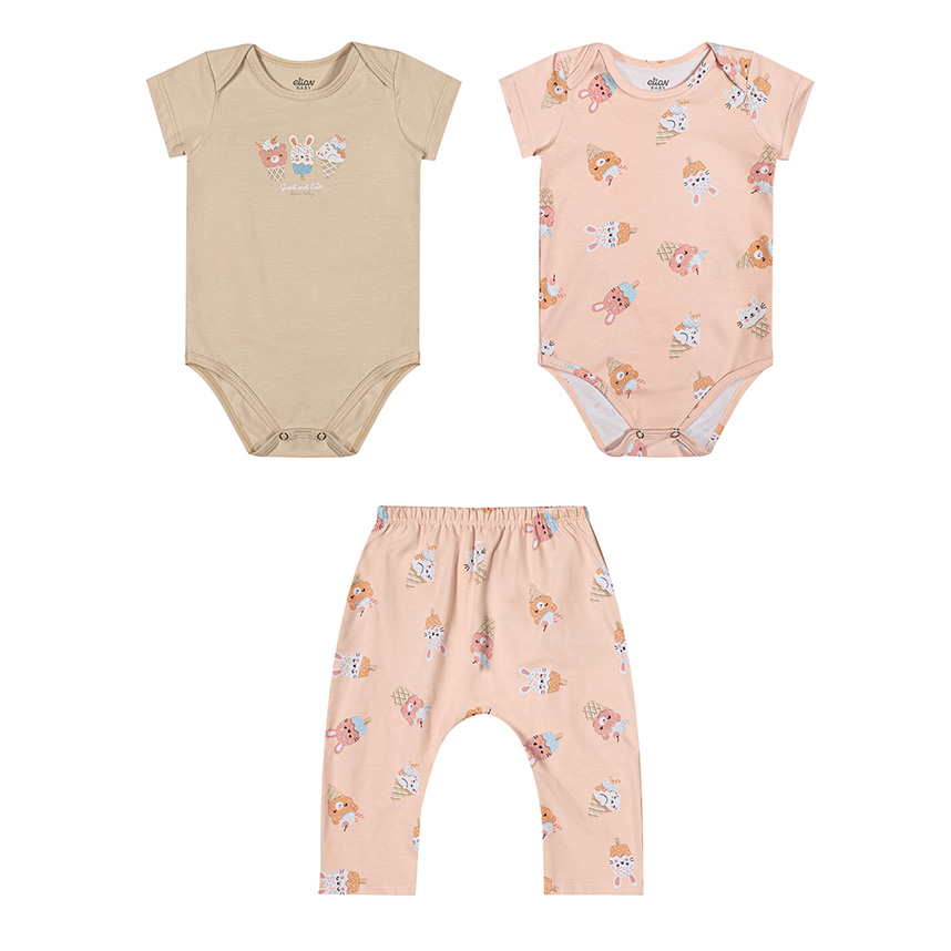 Conjunto Bebê Elian Body Manga Curta E Calça 3 Peças