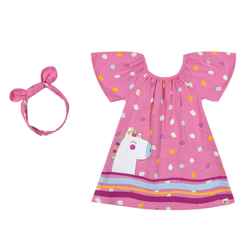 Vestido Infantil Elian Estampa Unicórnio e Faixa 2 Peças