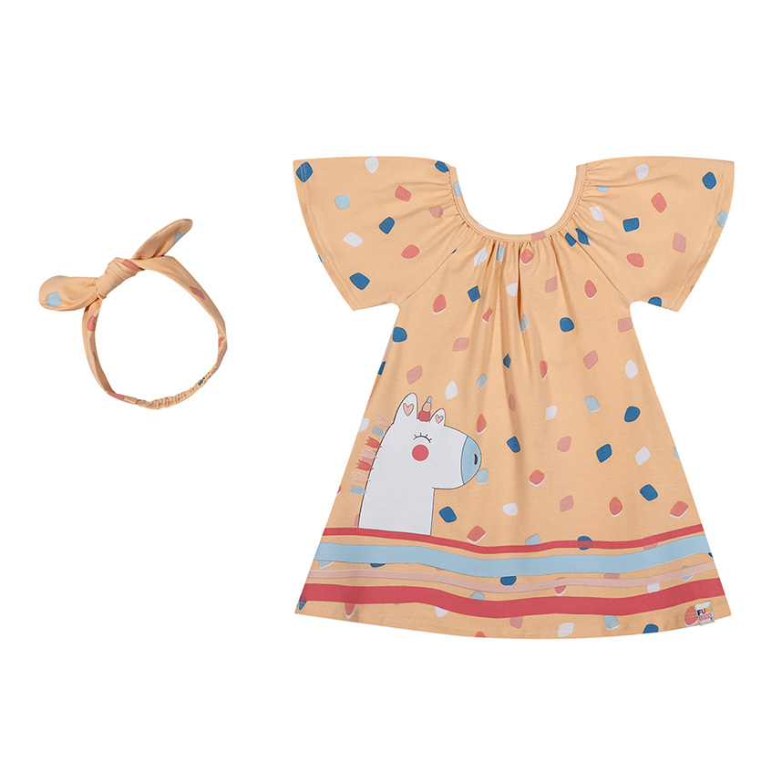 Vestido Infantil Elian Estampa Unicórnio e Faixa 2 Peças
