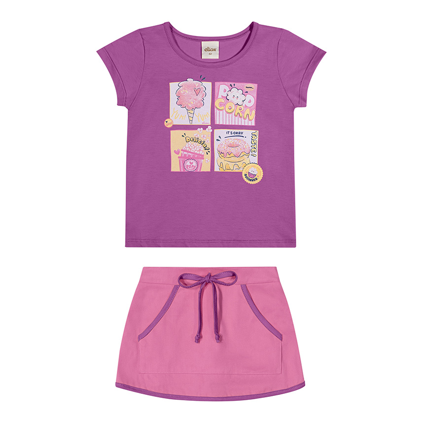 Conjunto Infantil Elian Blusa Estampa Doces e Short Saia