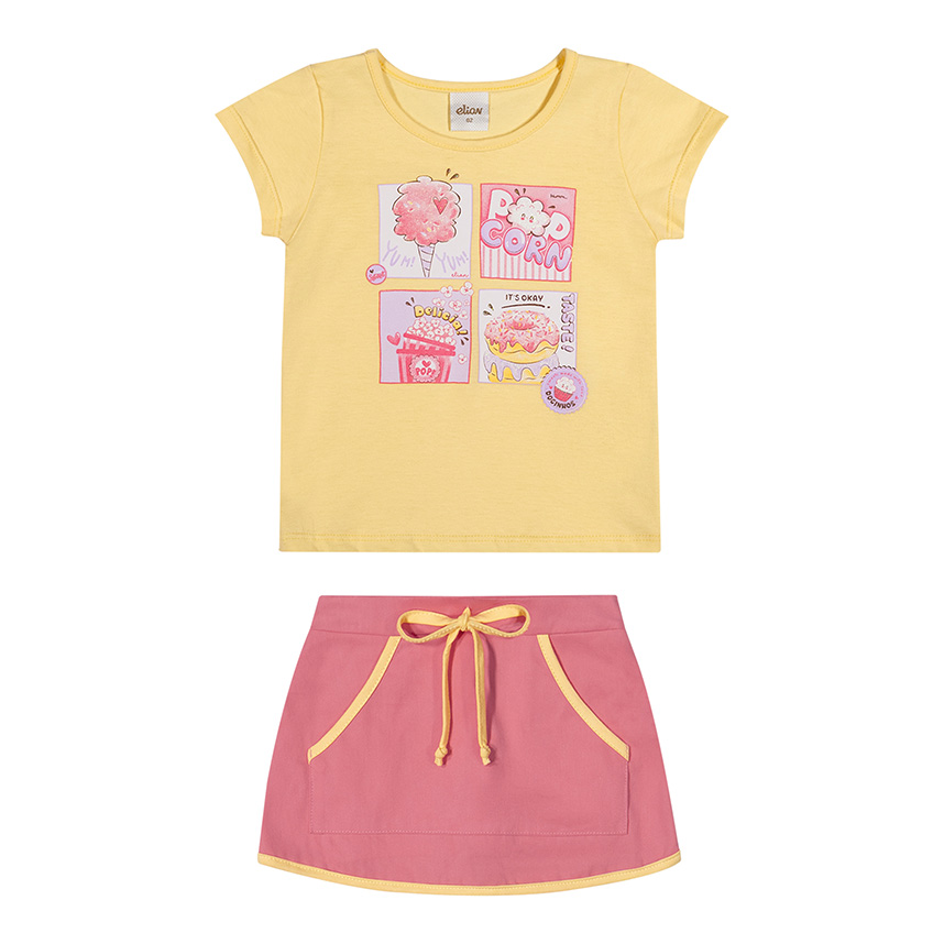 Conjunto Infantil Elian Blusa Estampa Doces e Short Saia