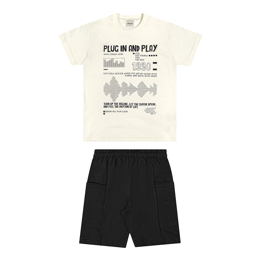 Conjunto Infantil Elian Camiseta Estampa Plug 1990 e Bermuda
