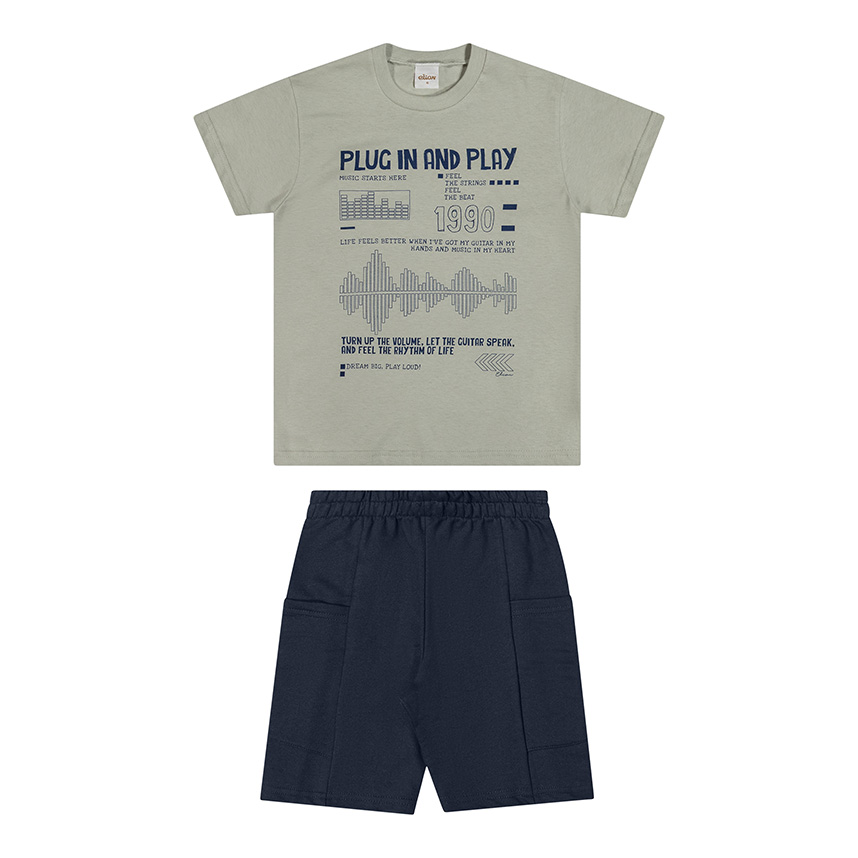 Conjunto Infantil Elian Camiseta Estampa Plug 1990 e Bermuda