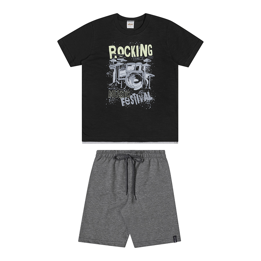 Conjunto Infantil Elian Camiseta Estampa Rocking e Bermuda