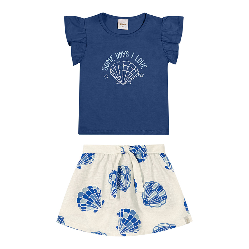 Conjunto Infantil Elian Blusa Estampa Conchas e Saia