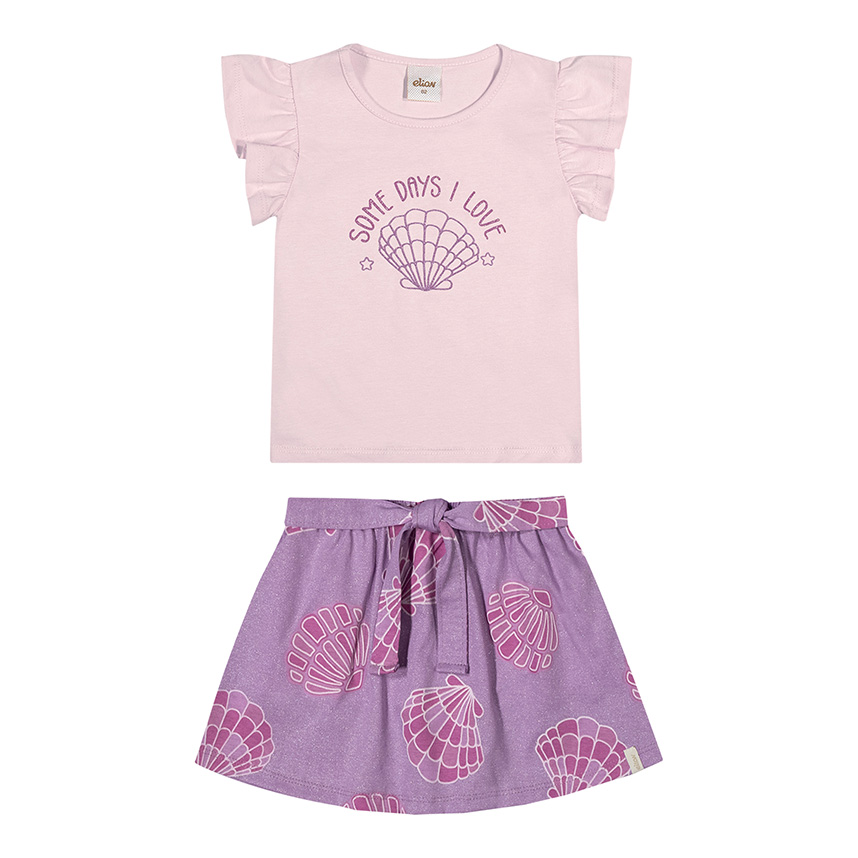 Conjunto Infantil Elian Blusa Estampa Conchas e Saia