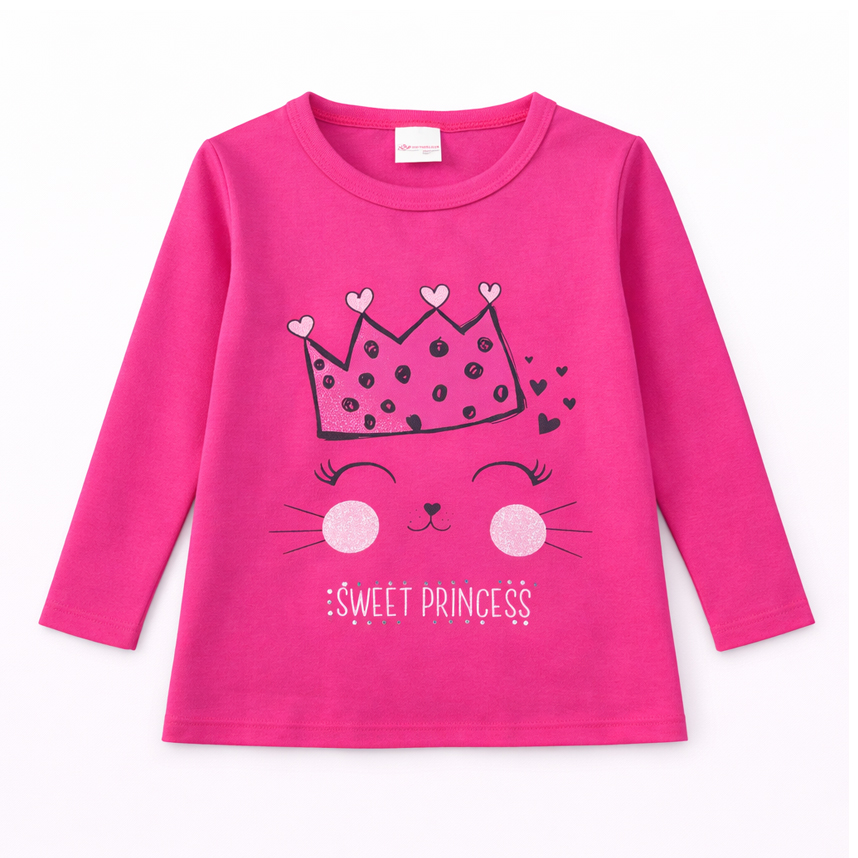 Blusa Infantil Color Mini Manga Longa Estampa Gatinho Sweet