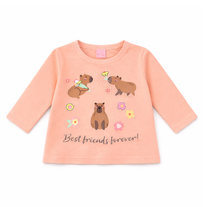 Blusa Infantil Color Girl Manga Longa Estampa Capivara