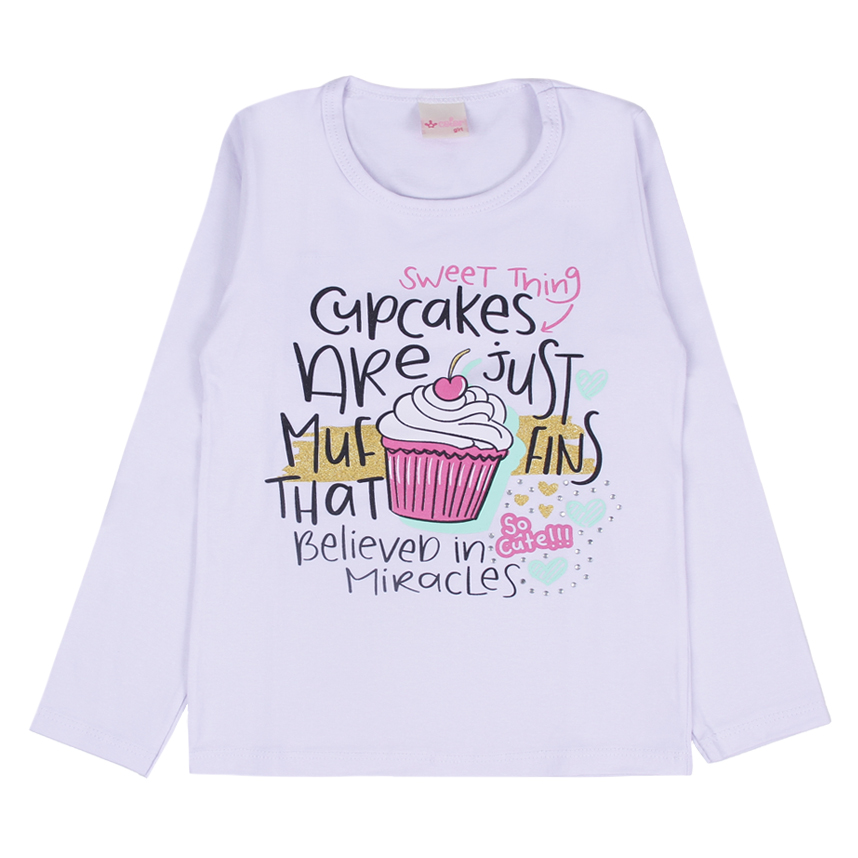 Blusa Infantil Color Girl Manga Longa Estampa Cupcake