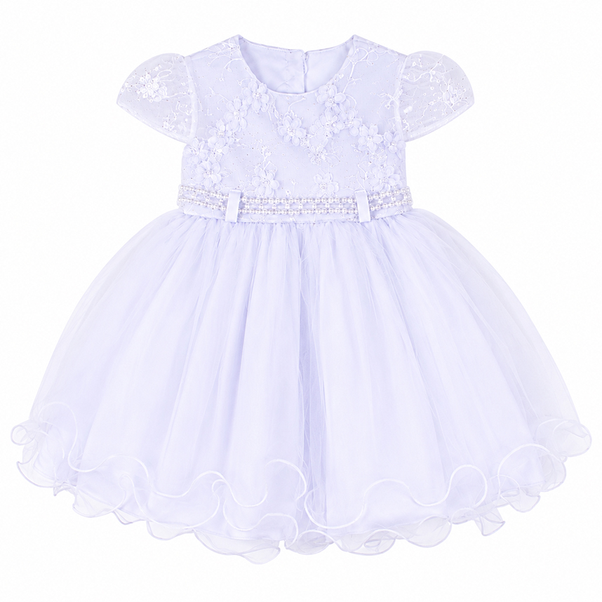 Vestido Bebê Menina Bonita Aplique Flores Tule