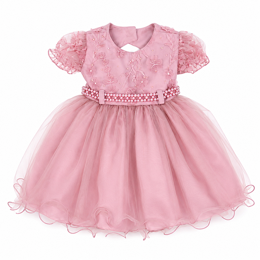 Vestido Bebê Menina Bonita Aplique Flores e Strass
