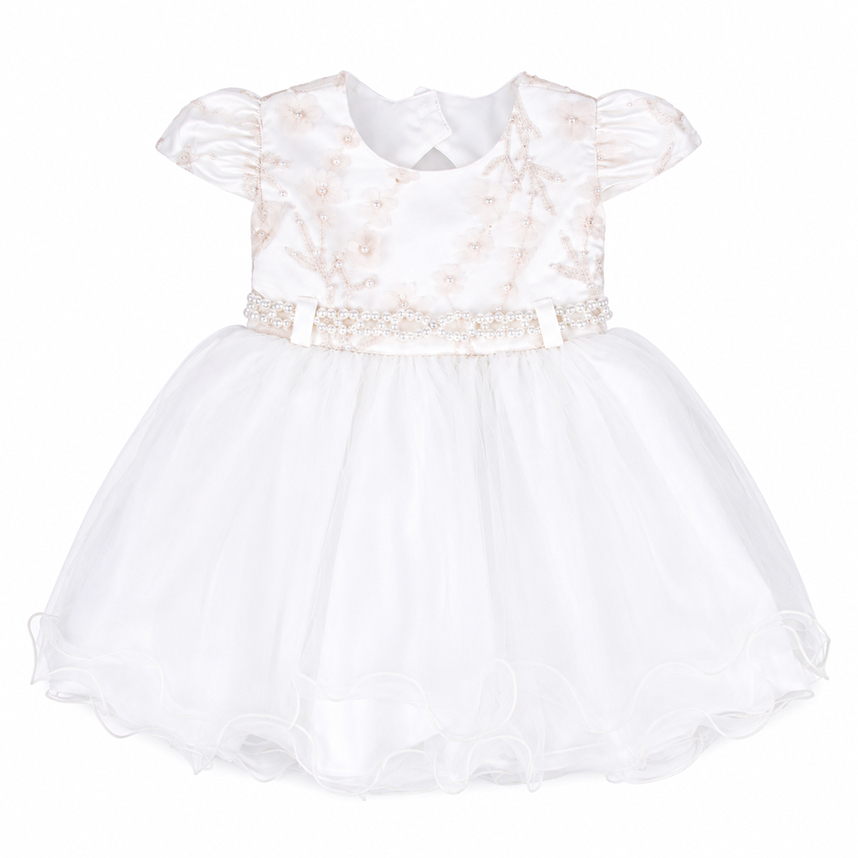 Vestido Bebê Menina Bonita Aplique Flores e Pérolas