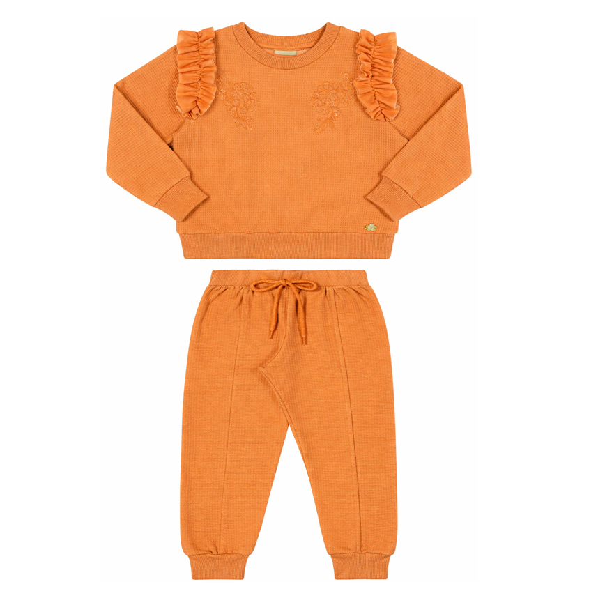 Conjunto Infantil Angerô Blusa Babado Bordado Strass e Calça