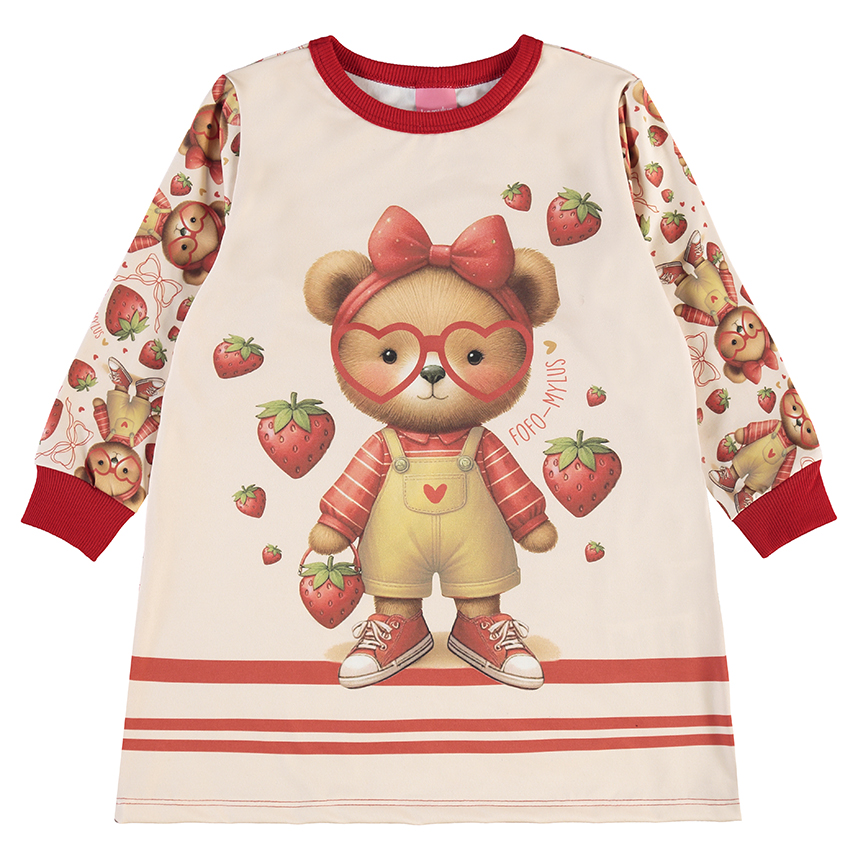 Vestido Infantil Kamylus Manga Longa Estampa Ursa E Bolsa
