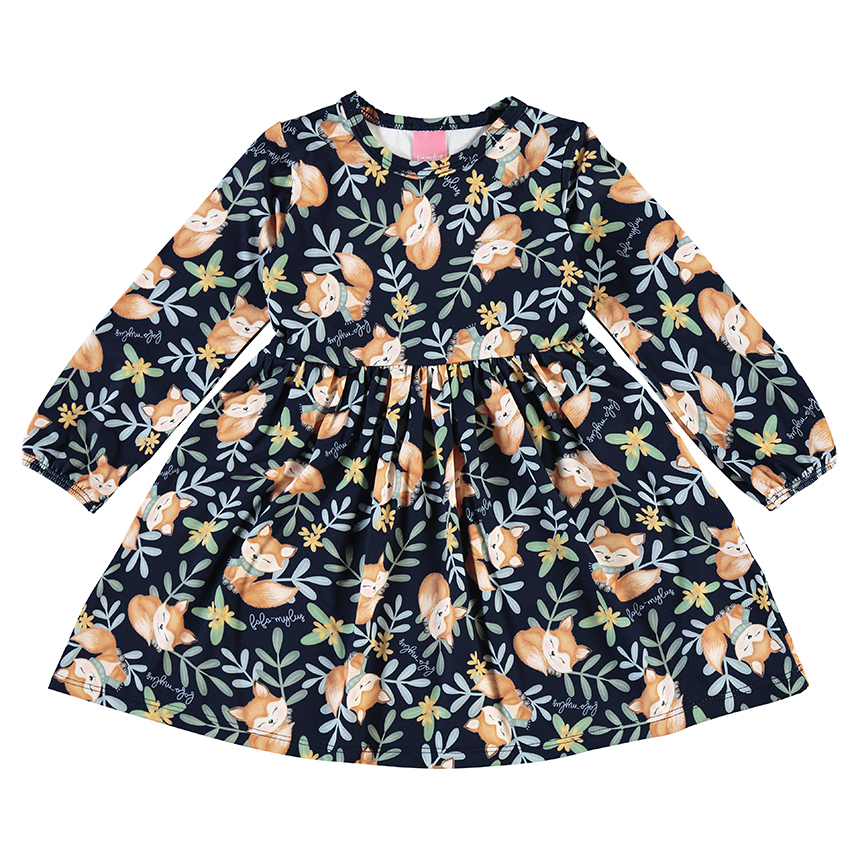 Vestido Infantil Kamylus Manga Longa Estampa Raposa E Bolsa