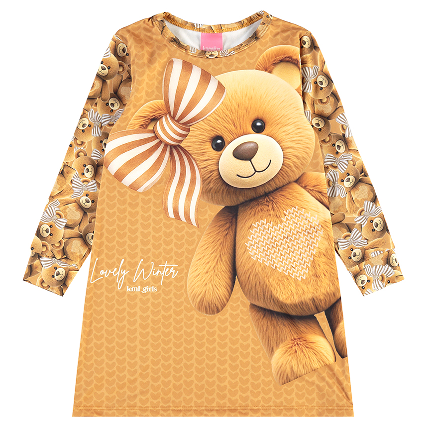 Vestido Infantil Kamylus Manga Longa Estampa Ursa