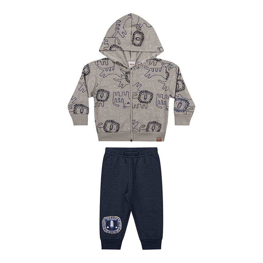Conjunto Bebê Elian Jaqueta com Capuz Estampa Leão e Calça