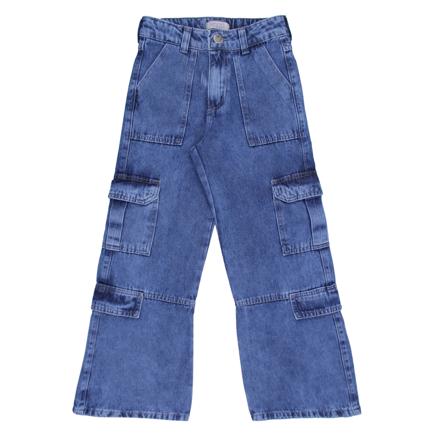 Calça Jeans Juvenil Revert Wide Leg Bolsos Cargo
