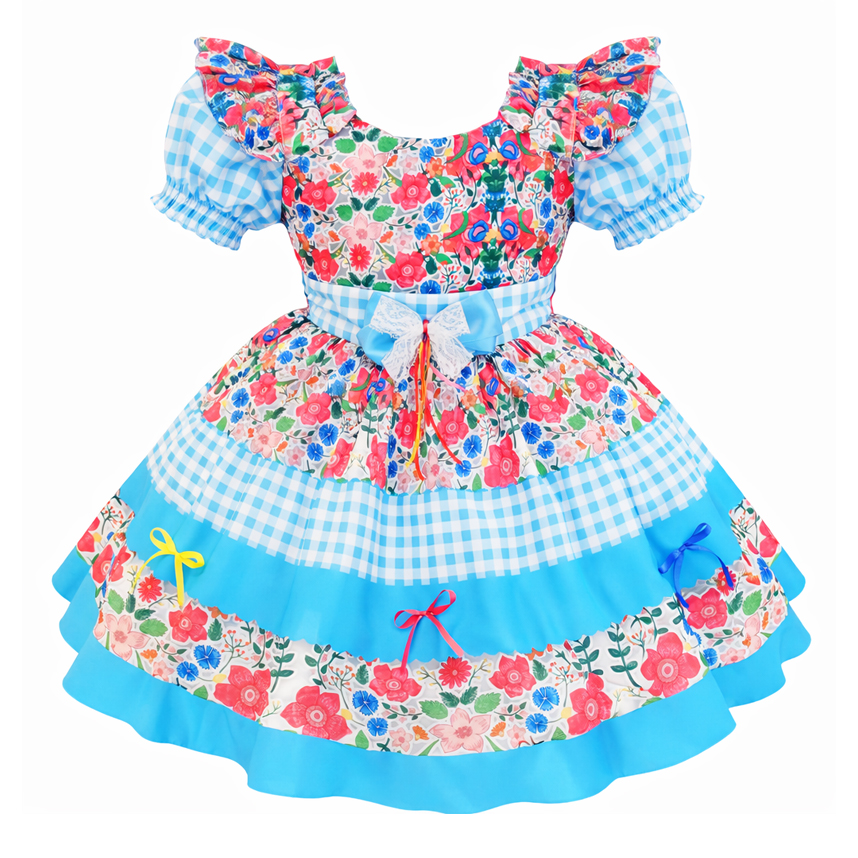 Vestido Infantil D-Luxe Estampa Xadrez Floral Aplique Laços