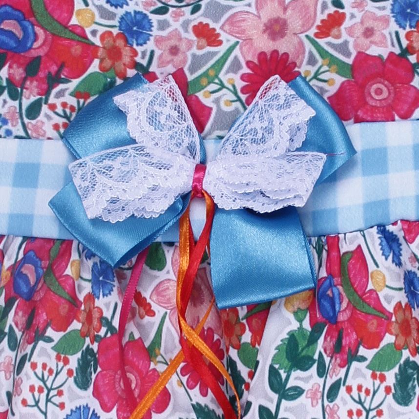 Vestido Infantil D-Luxe Estampa Xadrez Floral Aplique Laços