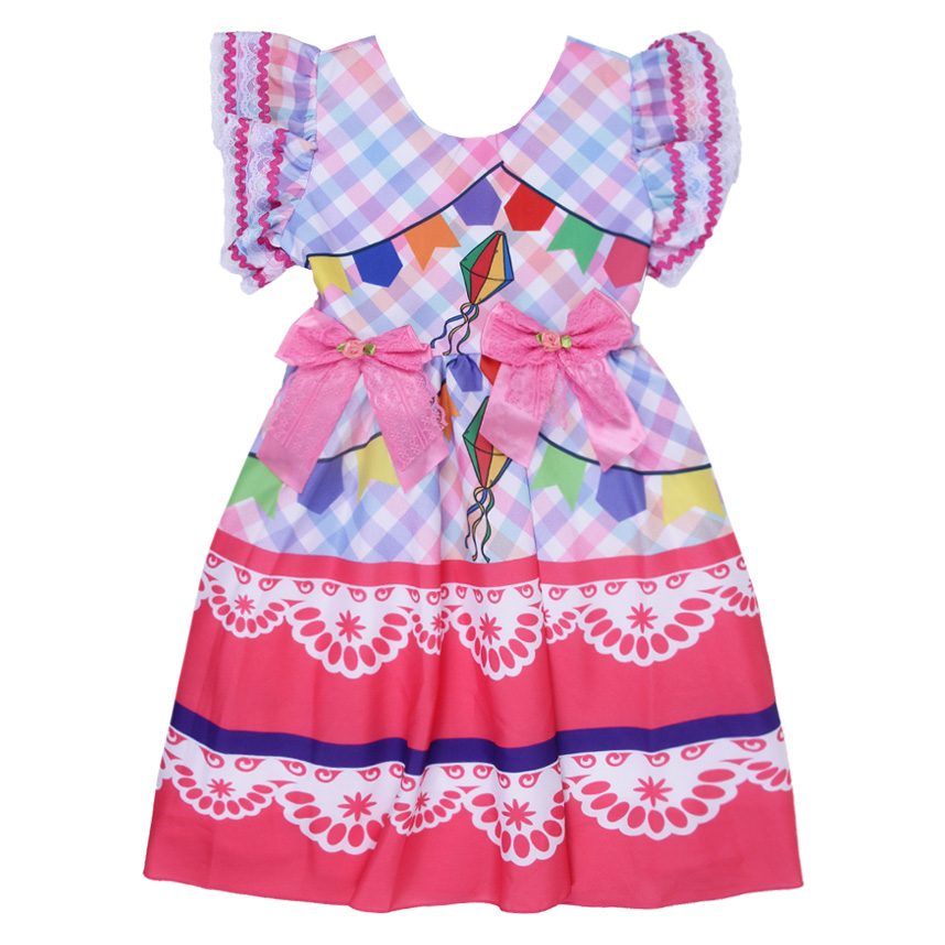 Vestido Infantil D-Luxe Estampa Bandeirinhas E Laço