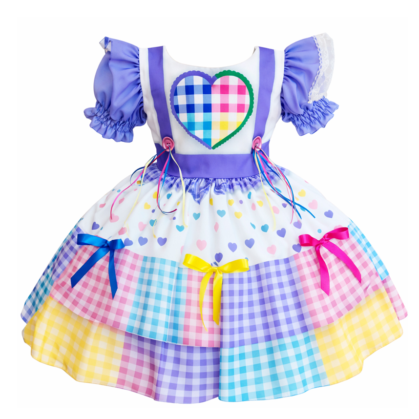 Vestido Infantil D-Luxe Babado Estampa Coração e Xadrez