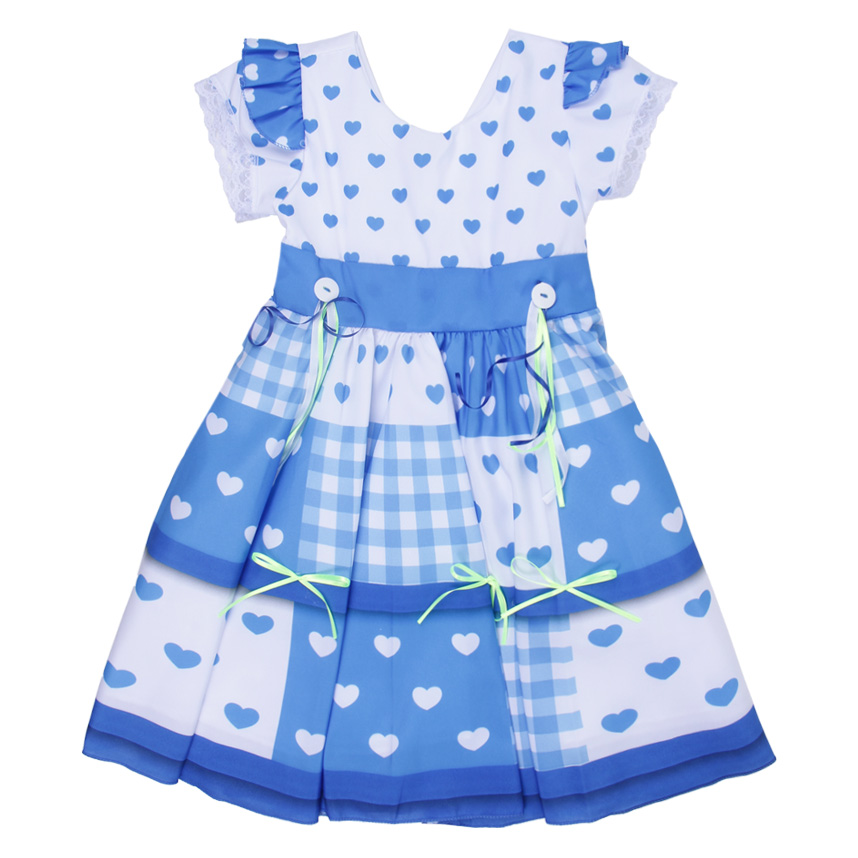 Vestido Infantil D-Luxe Babado Estampa Corações e Xadrez