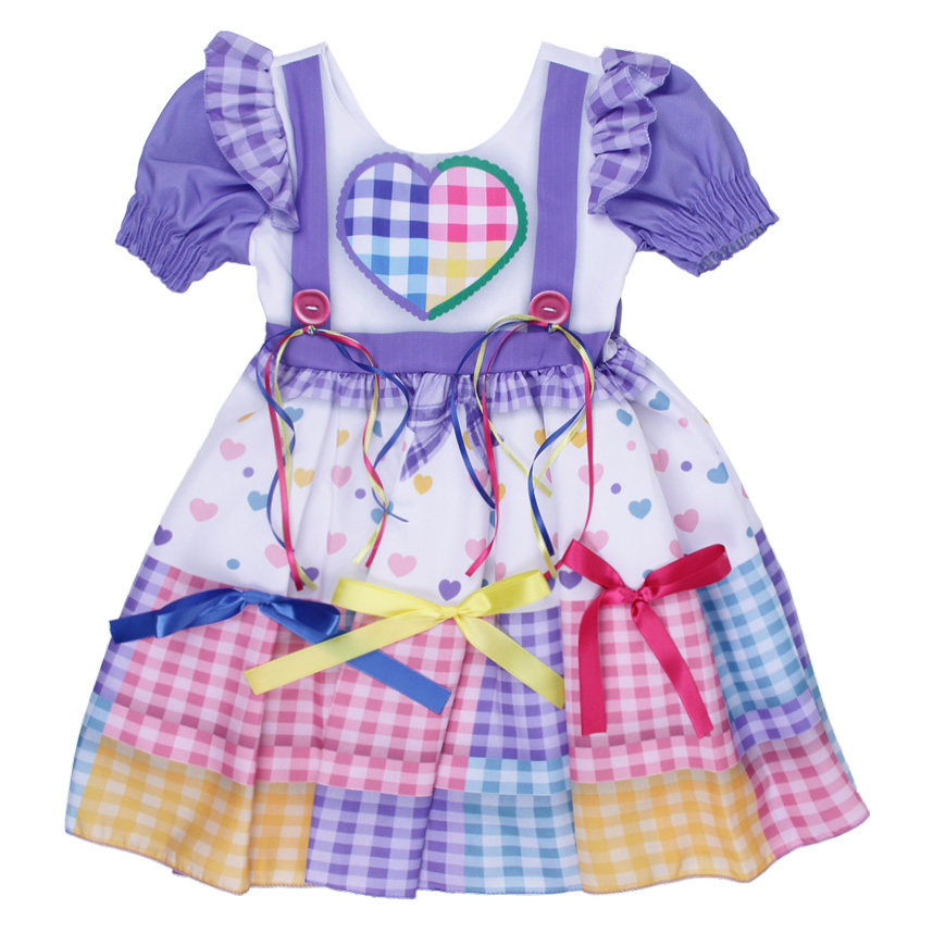Vestido Infantil D-Luxe Babado Estampa Coração e Xadrez