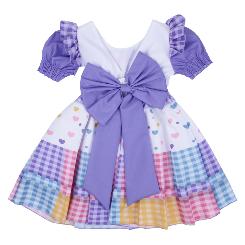 Vestido Infantil D-Luxe Babado Estampa Coração e Xadrez