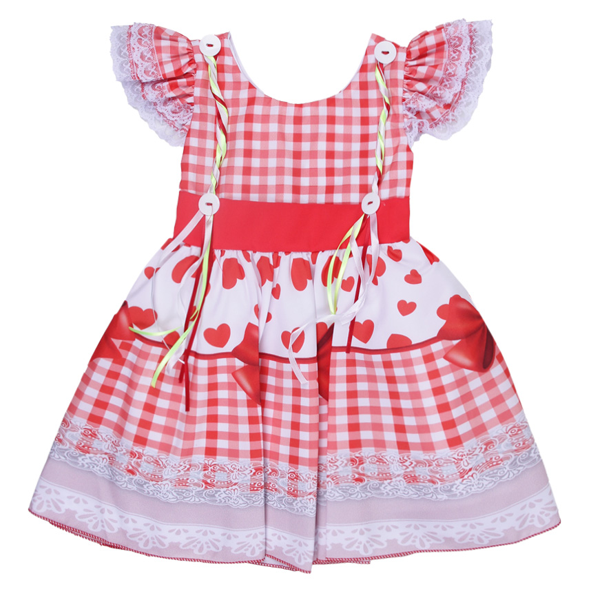 Vestido Infantil D-Luxe Estampa Corações E Botões Com Fitas