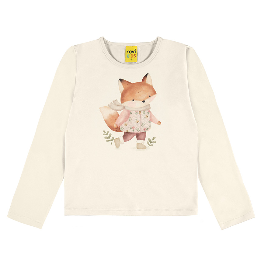Blusa Infantil Rovitex Manga Longa Estampa Raposa em Cotton