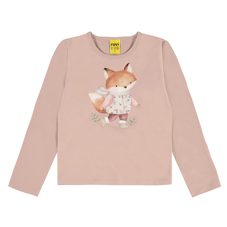 Blusa Infantil Rovitex Manga Longa Estampa Raposa em Cotton