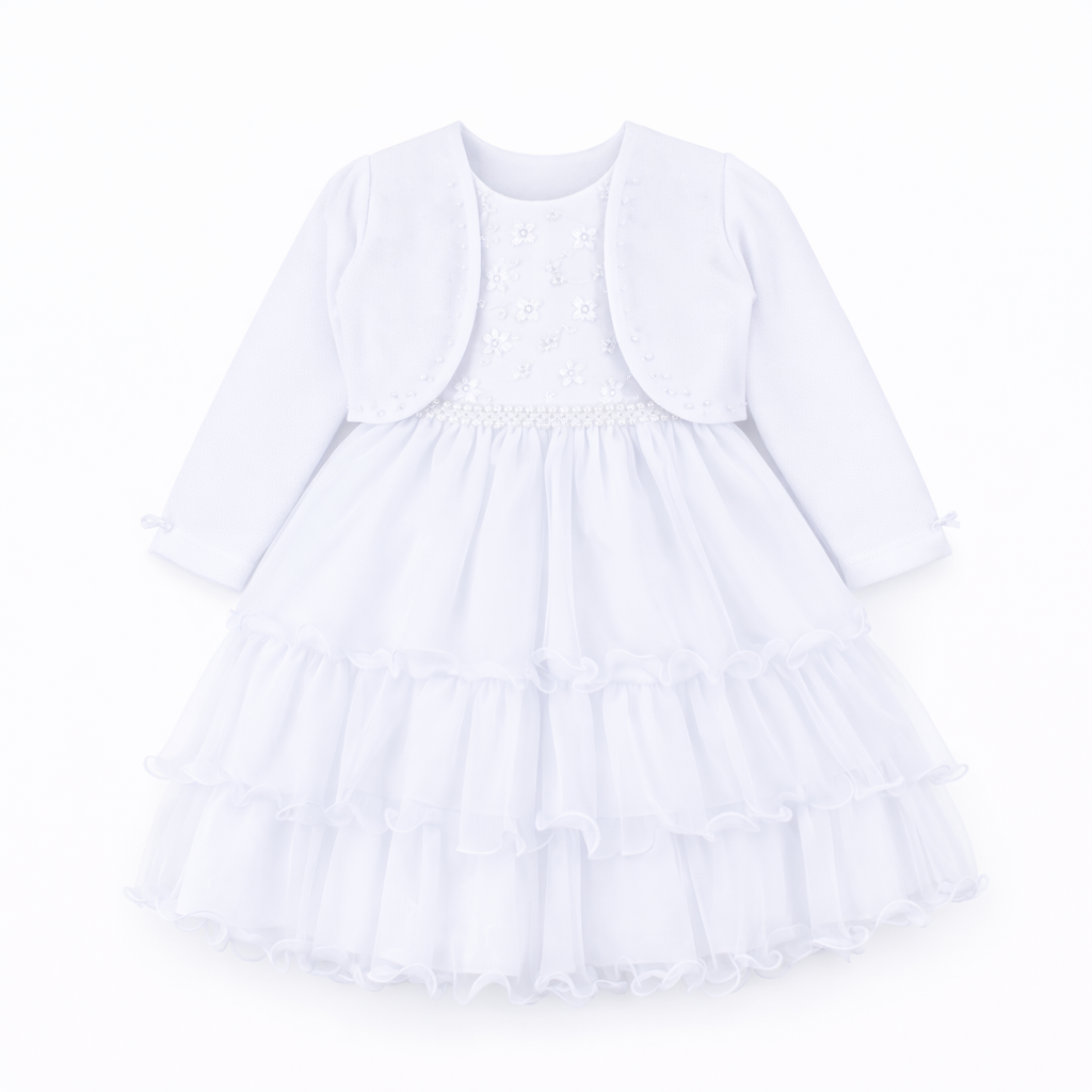 Vestido Infantil Nelu Cinto Pérolas Babados E Bolero Bordado