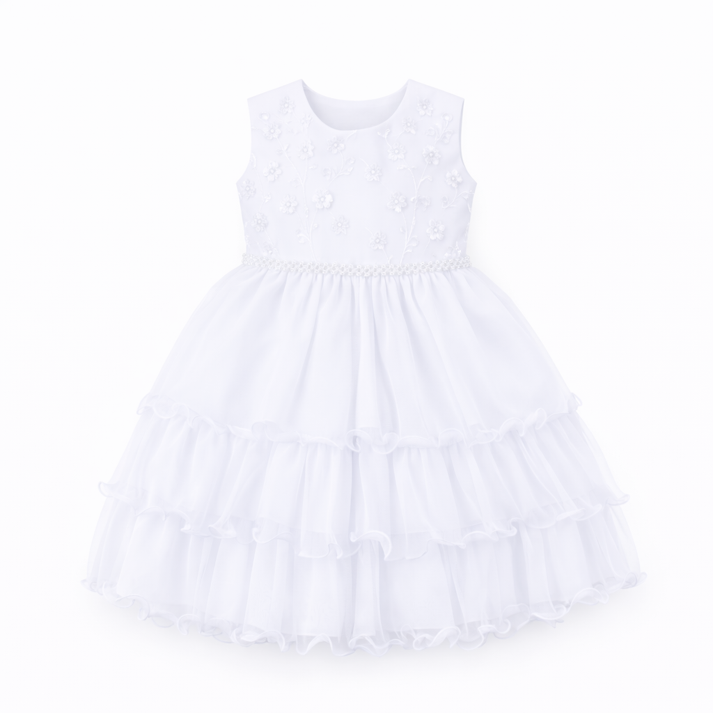Vestido Infantil Nelu Cinto Pérolas Babados E Bolero Bordado