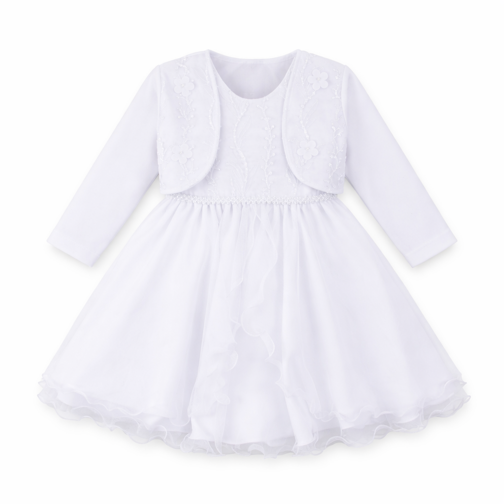 Vestido Infantil Nelu Cinto Pérolas Saia Godê Bolero Bordado