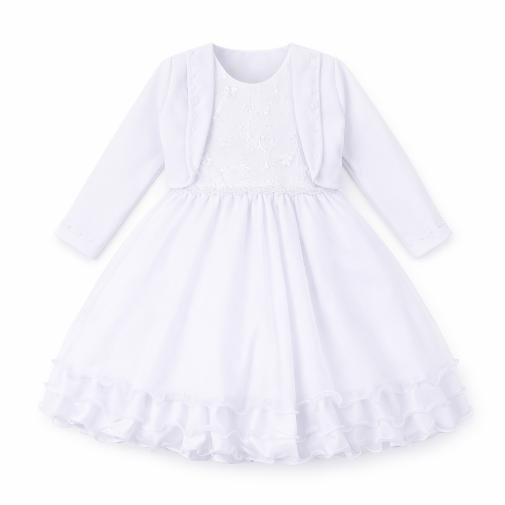 Vestido Infantil Nelu Cinto Pérolas Saia Babado Bolero Plush