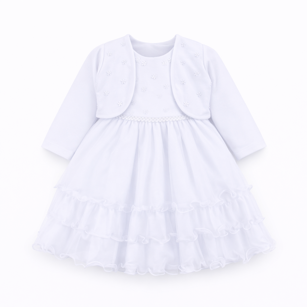 Vestido Bebê Nelu Cinto Pérolas, Babados e Bolero Bordado