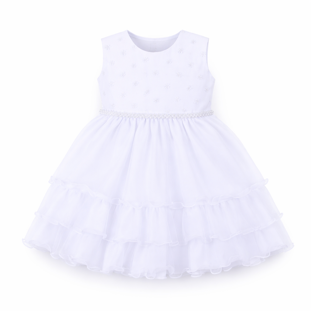 Vestido Bebê Nelu Cinto Pérolas, Babados e Bolero Bordado