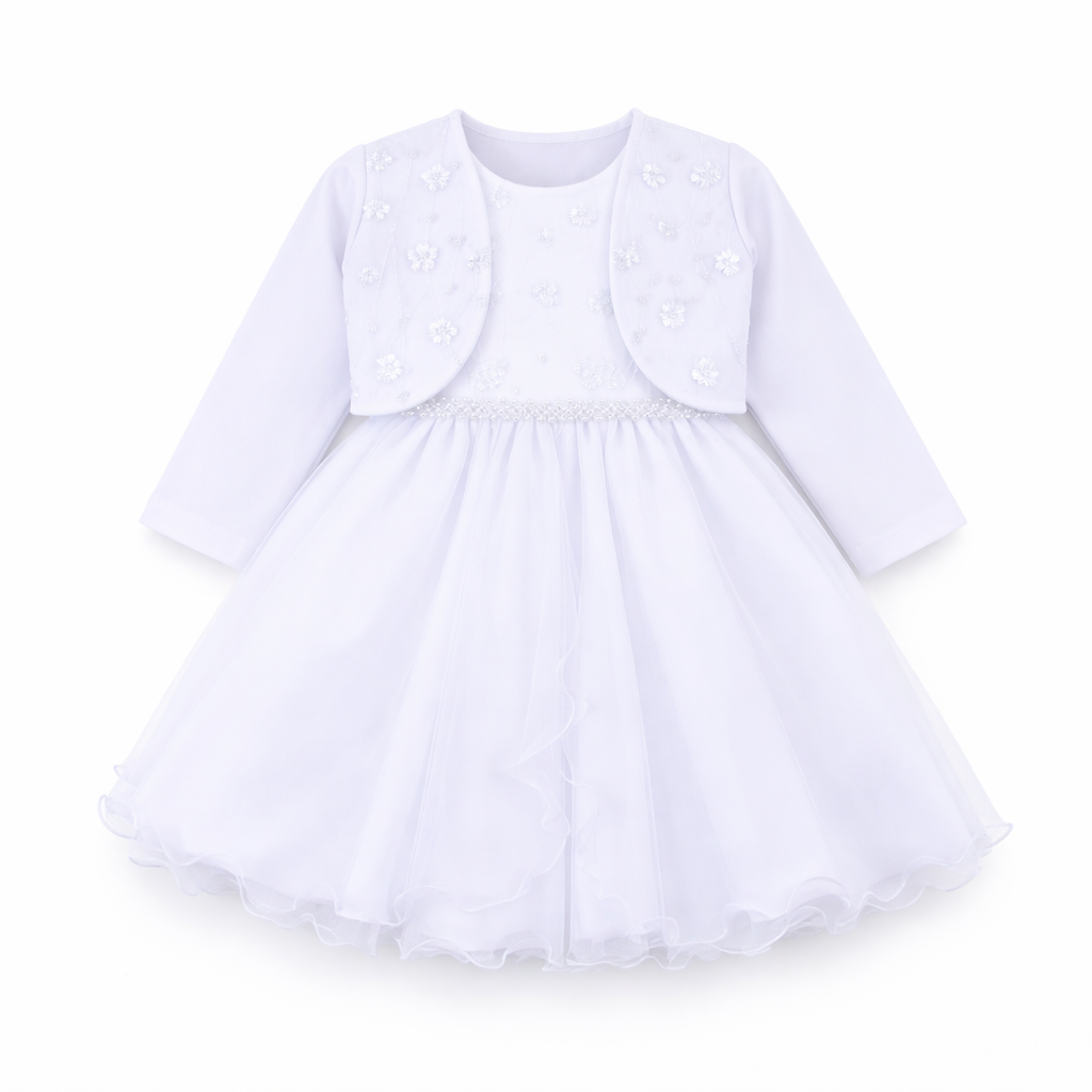 Vestido Bebê Nelu Cinto Pérolas Godê com Bolero Bordado