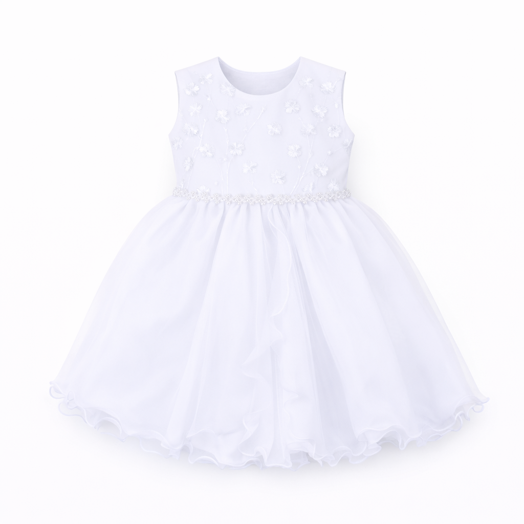 Vestido Bebê Nelu Cinto Pérolas Godê com Bolero Bordado