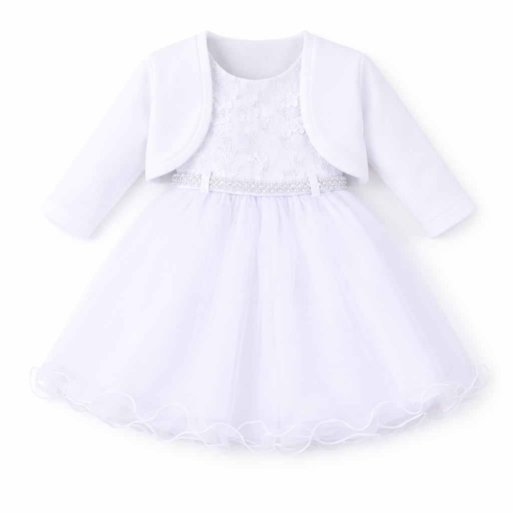 Vestido Bebê Menina Bonita Bordado Ramos e Casaco