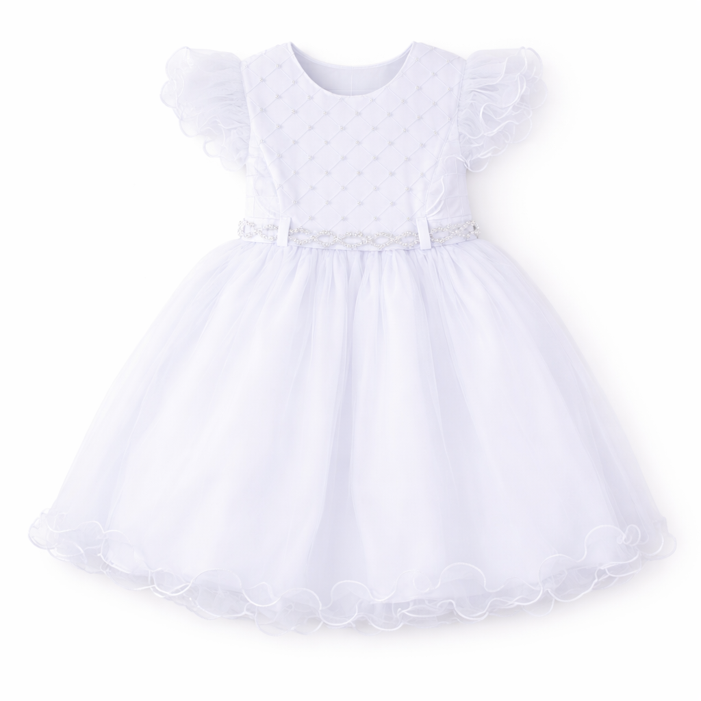 Vestido Bebê Menina Bonita Cavado Pala Nervura com Pérolas