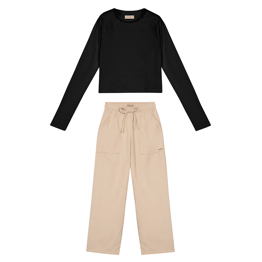 Conjunto Juvenil Lamon Blusa Nervura Manga Longa E Calça
