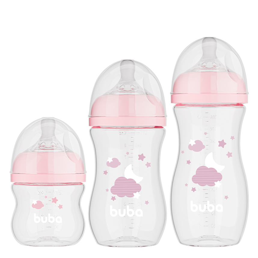 Kit Mamadeiras Bebê Buba Easy Flow Nuvem Rosa 3 Peças