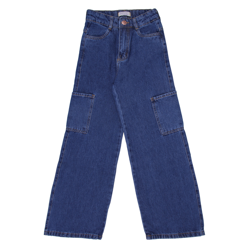 Calça Jeans Juvenil Revert Wide Leg Cargo Bolsos Laterais